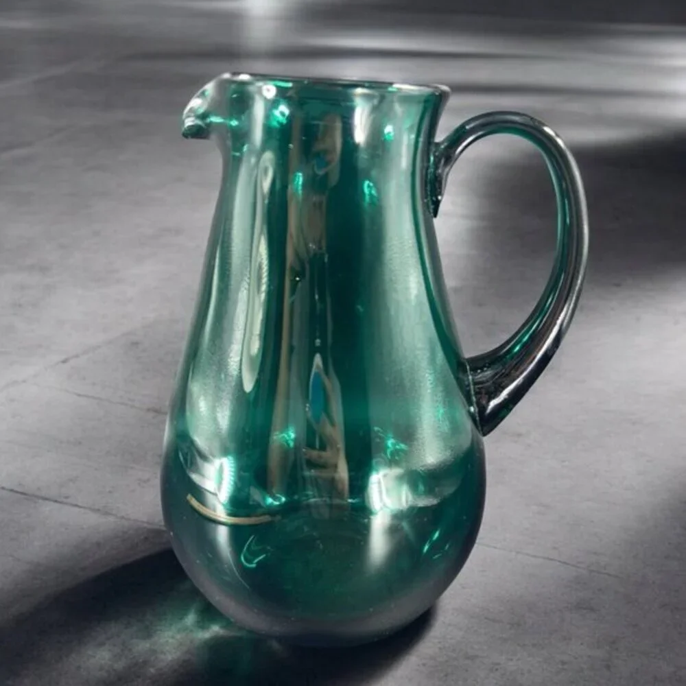 Hortensja Teal Green Blue Hand Blown Glass Pitcher  Made In Poland Vintage Decor